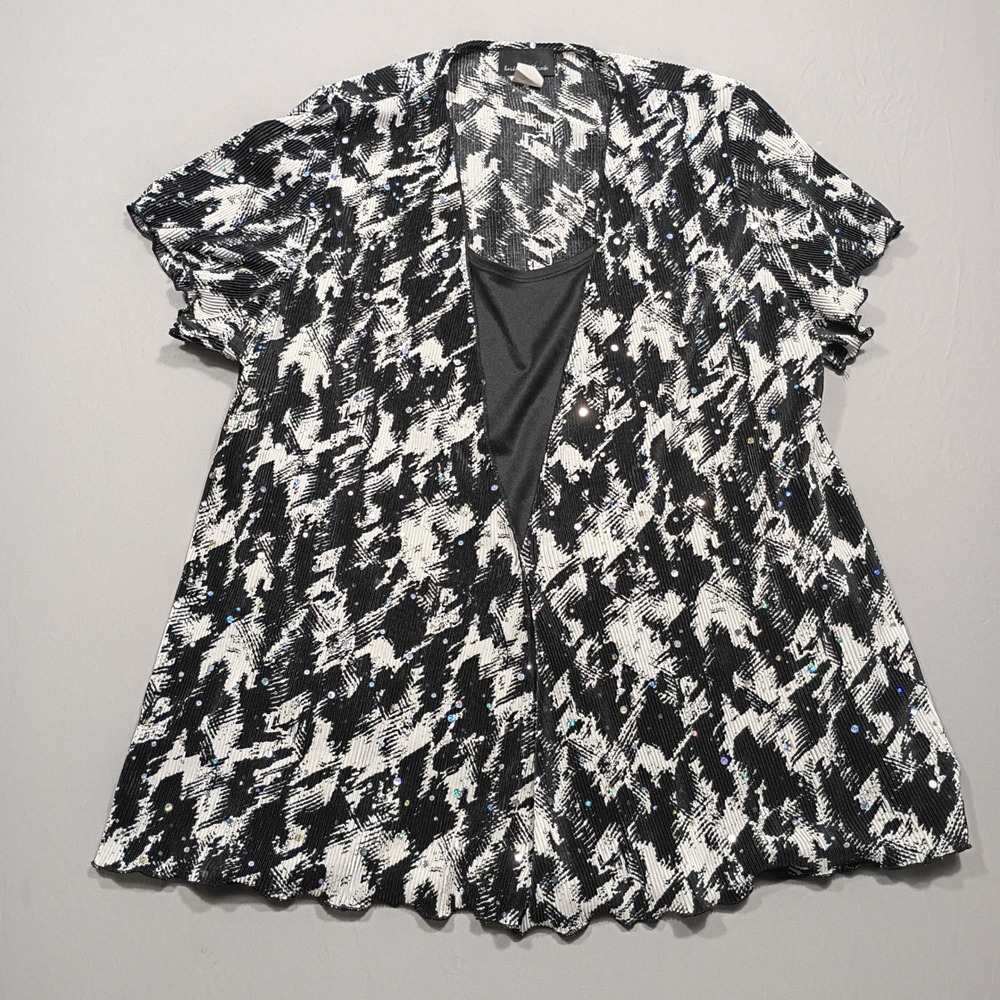 Briggs New York Twin Set Women 2X Sequin Pleated Cardigan Black White Abstract